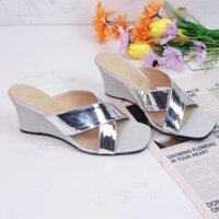 Dép nữ đế xuồng cao gót 5p bọc kim tuyến quai bản chéo da bóng - X035