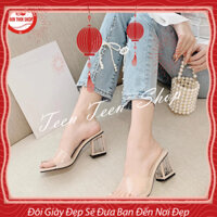 Dép nữ gót vuông trong suốt cao 6cm, quai ngang meca mềm dẻo, guốc nữ đi biển kiểu dáng mới, Teen Teen Shop.