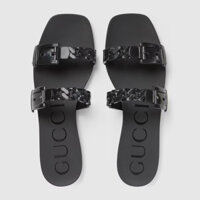 Dép Nữ Gucci Black Slides Women Rubber Hibiscus
