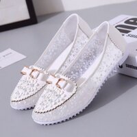 Dép nữ mùa hè thoáng khí, đế phẳng mềm mại, giày mẹ mới có nơ, giày mũi nhọn lưới cho phụ nữ
