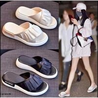 Dép nữ quai ngang cách điệu đế cao chất cao su , quai vải mềm siêu nhẹ êm chân 2 màu đen be Vincent