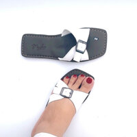 Dép nữ quai ngang đế cao su nền may chỉ, dép đế bằng