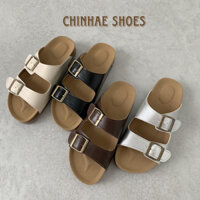 Dép quai ngang 2 khoá da PU cao cấp đế trấu thời trang nữ phong cách trẻ trung đế bằng tăng chiều cao nam nữ D022