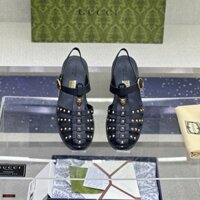 Dép rọ sandal Gucci Đen đính đinh logo Mèo Vàng LAA on web fullbox bill thẻ LVQ