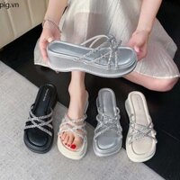 Dép Sandal Đế Xuống Đính Đá Phong Cách Mới, Dép Đi Êm Chân Cao 5cm, Dép Hot Trend 2024.4 chéo đá