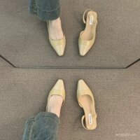 Dép sandal gót thấp kín mũi mới ra mắt cho phụ nữ, phong cách Pháp, giày buổi tối nhẹ nhàng màu nude mũi nhọn phong cách Chanel, giày cao gót chunky thanh lịch không lưng, giày đơn thoáng mát