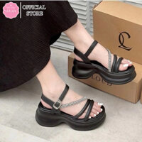Dép sandal nữ quai da đính đá cao 6cm