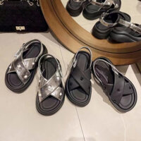 Dép sandal nữ quai hậu Kalista màu đen bạc da quai chéo đế cao 4 cm phong cách Hàn Quốc đi học đi làm đi đi biển