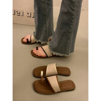 Dép sandal nữ quai ngang vải linen đế vuông mềm nhẹ, dép kẹp ngón thời trang Hàn Quốc