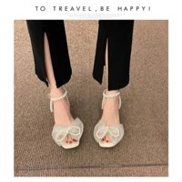 Dép Sandal Quai Đính Ngọc Nhựa Gắn Nơ Xăng Đan Sang Trọng Gót Vuông 3 Phân Bánh Bèo Màu Bạc Dễ Đi Phối Đồ Đi Chơi Đi Học