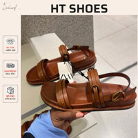 Dép sandal Z nữ da Pu màu nâu cao cấp quai ngang đính khoá đế bệt phong cách Vintage đi chơi đi làm
