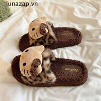 Dép sang trọng LUNAZAP Kitty, Dép lông ấm áp chống trượt dành cho học sinh, Dép đi trong nhà ngoài trời Kawaii Y2k Dép da báo bên ngoài
