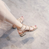 Dép Sang Trọng Nữ Gót Thấp Bên Ngoài Mặc Đinh Tán Giữa Gót Dày Gót Đế Bằng Thời Trang Thường Ngày Mùa Hè La Mã Khóa Dây Đeo Giày 1LJT