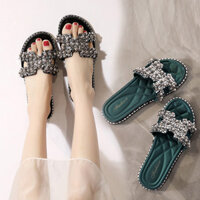 Dép sequin phong cách Hàn Quốc cho phụ nữ, dép sandal đế dày đa năng thời trang mới 2021, dép một từ phong cách influencer