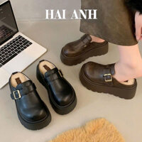 Dép Sục Da Pu Khuy Cài Mềm Cao 7cm Lót Lông Mềm Mại Mũi Tròn Đế Bánh Mì Sandal Nữ Dép Nữ Đi Mùa Đông- HẢI ANH SHOES