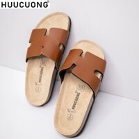 Dép unisex đế trấu kiểu H pu nâu handmade
