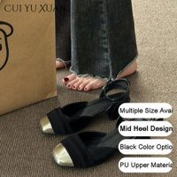 Dép xỏ ngón vuông CUI YU XUAN có dây đeo mắt cá chân và đế cao su bền, hoàn hảo cho mùa thu, màu be / đen