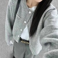 Dệt Kim Áo Len Màu Xám Áo Khoác Ngắn Phiên Bản Hàn Quốc Phong Cách Mới Cardigan Dài Tay Xuân Thu Phong Cách 2025 Lười Top Đan