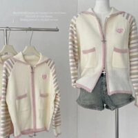 Dệt Kim Áo Len Thiết Kế Thu Đông Phong Cách Mới Sữa Vàng Sọc Nối Hình Chữ V Lớn Ve Áo Dây Kéo Dệt Kim Cardigan Trái Tim Thêu Áo Khoác Nữ