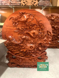 DGTT 07 Đĩa gỗ trang trí sen cá bằng gỗ hương đường kính đĩa 40cm dày 4cm