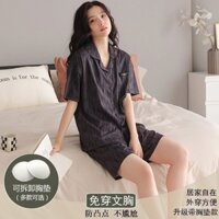 Đi kèm với Ngực Pad Bộ Đồ Ngủ Nữ Mùa Hè Ngắn Tay Quần Short Cardigan Cao Cấp ins Phong Cách Ký Túc Xá Plus Béo Rời Nhà