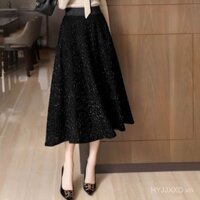 [Di Tengma] Lô hàng nhanh Váy len thô họa tiết sóng sáng lụa nữ váy kẻ ô chữ a cạp cao thun vàng lấp lánh váy xuân thu dáng dài vừa MJGW