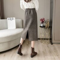 [Di Tengma] Vận chuyển nhanh chân váy kẻ sọc Houndstooth len nữ thu đông 2024 dày dặn lót nhung dày quá đầu gối dài ngang hông váy NIZD
