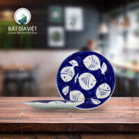 Đĩa 2 lá phi 18 men xanh cá trắng Bát Tràng Rộng 18cm x Cao 2cm