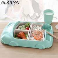 Đĩa ăn hình ô tô ALARION, ngăn đĩa cơm trưa trẻ em có thể tháo rời, hoạt hình có cốc Khay đựng thức ăn bằng sợi tre cho trẻ em