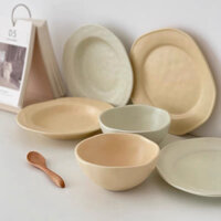 Đĩa ăn sáng, đĩa bánh ngọt, đĩa sữa chua, bát ngũ cốc, đĩa súp, phong cách Hàn Quốc, kiểu dáng không đều, đồ dùng ăn uống mờ