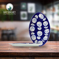 Đĩa bầu dục s2 men xanh cá trắng Bát Tràng Rộng 20.5cm x Dài 32.5cm