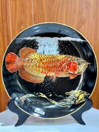 Đĩa cảnh Bát Tràng họa tiết cá rồng 3D vẽ tay thủ công đường kính 35cm men sứ đen | quà tặng cao cấp