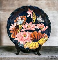 Đĩa cảnh Bát Tràng họa tiết trăm hoa đua nở 3D vẽ tay thủ công đường kính 34cm men sứ đen | quà tặng cao cấp
