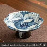 Đĩa chân cao/ Khay bánh bàn trà men lam hoạt tiết hoa sen 15*6.5cm