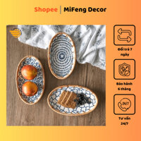 Đĩa Gốm Viền Mây Hình Bầu Dục Đựng Bánh Kẹo, Hoa Quả| MiFeng Decor