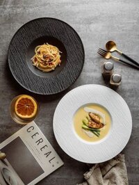 Đĩa MÌ NÓN 24-29cm men nhám vân sóng Đen/Trắng - Bát đĩa sứ nhà hàng fine dining cao cấp