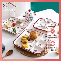 Đĩa sứ, đĩa sứ có ngăn chấm chịu nhiệt cao cấp, họa tiết cherry, chất sứ dày dặn, men bóng, dùng được với lò vi sóng