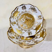 Đĩa sứ đựng trái cây thờ cúng sứ 3D vàng đường kính 23cm