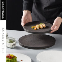 Đĩa Sứ Phẳng Sarang Vân Nhám Chống Xước 25cm, Dĩa Nhà Hàng Cao Cấp Màu Trắng/Đen