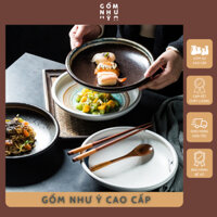 Đĩa sứ sâu lòng 22,5cm phong cách nhà hàng Nhật Bản, sứ dày dặn men màu đẹp, chịu nhiệt tốt