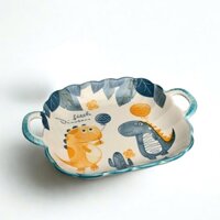 Đĩa sứ trắng vuông họa khủng long tinh nghịch