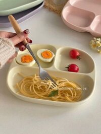 Dĩa sứ trơn chia ngăn chữ nhật màu Pastel chịu nhiệt lò vi sóng, khay sứ 3 ngăn đựng đồ ăn mì rau củ |Chanhhomedecor|