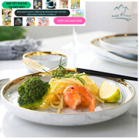 Đĩa sứ viền vàng Vân đá cao cấp 22CM trôn salat , rau củ quả