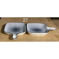 DIA TAY CAM BAC AU 22CM -Thố sứ nướng hoạ tiết kẻ sọc xanh phong cách Nhật Bản