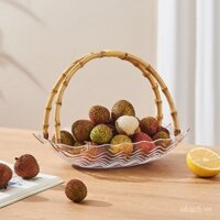 Đĩa trái cây nhựa phong cách sang trọng nhẹ nhàng, gợn nước, tay cầm bằng tre, tay cầm đôi, giả thủy tinh, đĩa kẹo lớn cho phòng khách gia đình