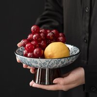 Đĩa trái cây phong cách cổ điển Trung Quốc, đĩa tráng miệng bằng sứ xanh trắng, đĩa trà cao chân, đĩa ăn nhẹ, đĩa ngọt, đĩa hạt, bộ trà trà đạo Kung Fu