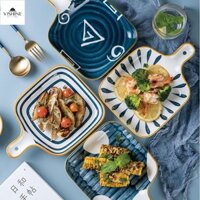 Đĩa vuông gốm sứ Nhật Bản Bắc Âu có tay cầm Bộ đồ lò vi sóng Máy nướng đồ ăn tối