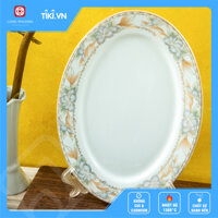 Đĩa xoài hoa họa tiết hoa dây hình bầu dục sứ trắng cao cao Long Phương - 14 inch - 35 cm
