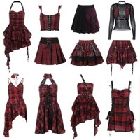 Diablo Đầm không chính quy kẻ ca rô màu đỏ và đen bài hát Gothic Váy Phong Cách Punk váy viền gia vị ren Bộ sưu tập váy Lolita