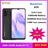 Điện thoại di động Blackview A70 6.517 inch, 3GB RAM, 32GB ROM, Android 11, Pin 5380mAh, Chip SC9863A Octa Core - Smartphone 4G hỗ trợ Dual SIM